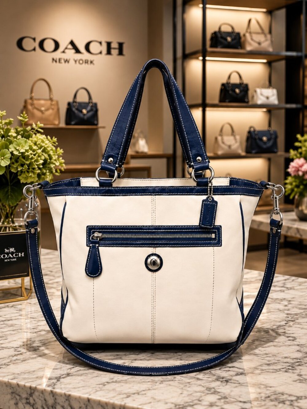 COACH Laura Spectator Carryall Chalk Navy Leather Tote Crossbody Bag - Hang Tag